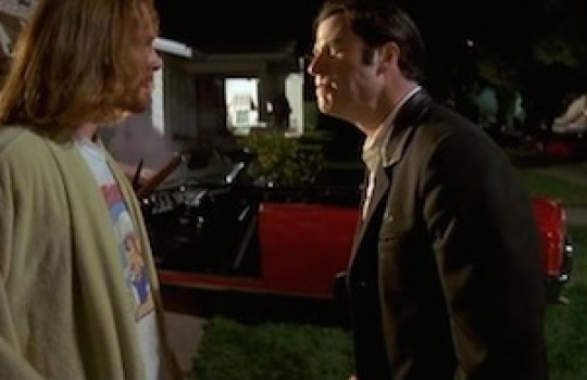 Vincent and Lance having a heated argument over Mia in front of Lance's house in Atwater Village. In the back you can see Vincent's car crashed in Lance's house Pulp Fiction filming locations LegendaryTrips