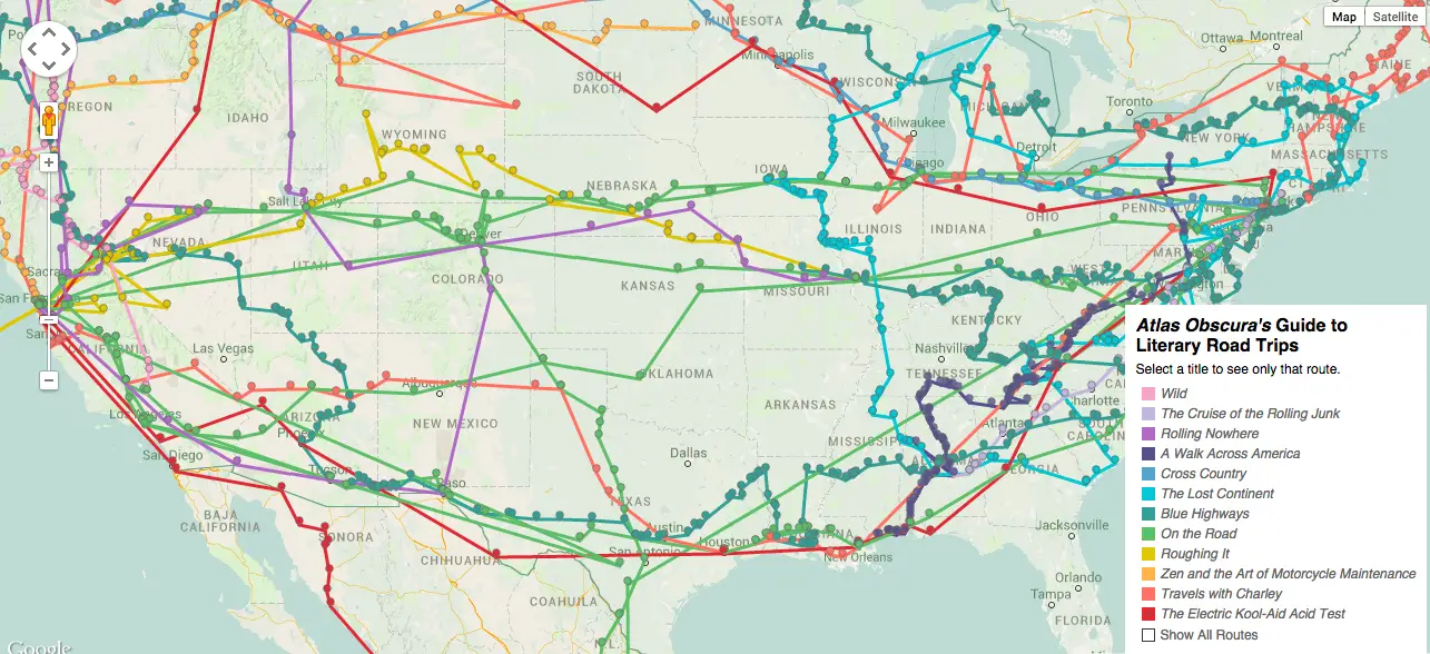 American Literature's most iconic road trips map