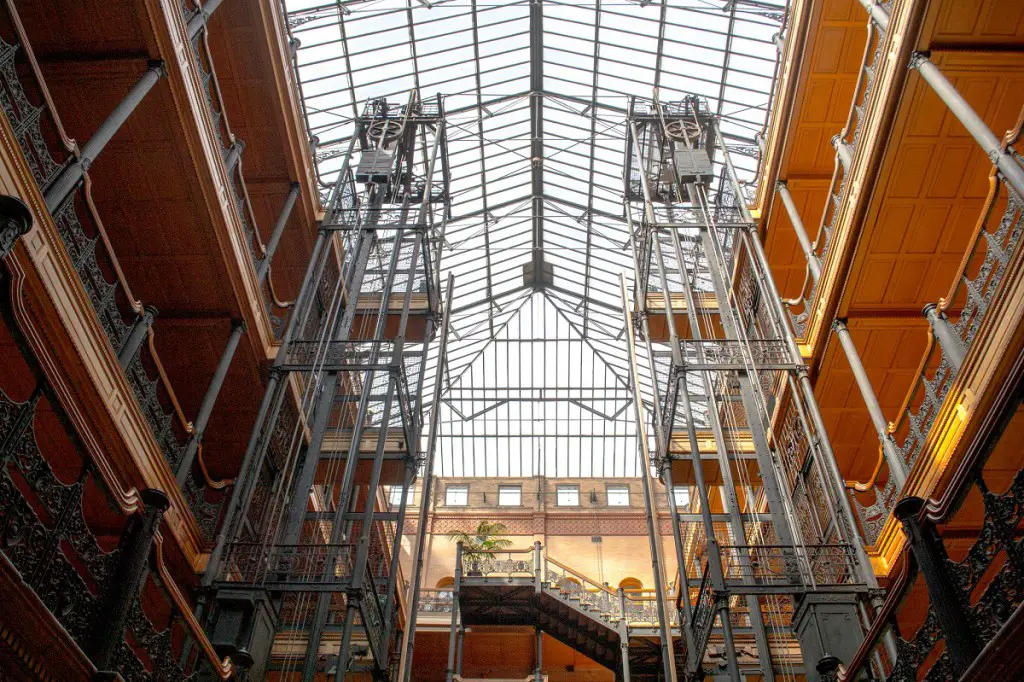 Interior filigree ironwork of the Bradbury Building, Los Angeles