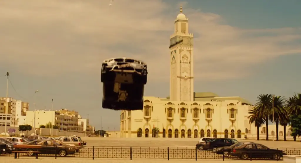 Car jump scene in front of the Hassan II Mosque, Casablanca, Morocco Mission Impossible Rogue Nation filming locations