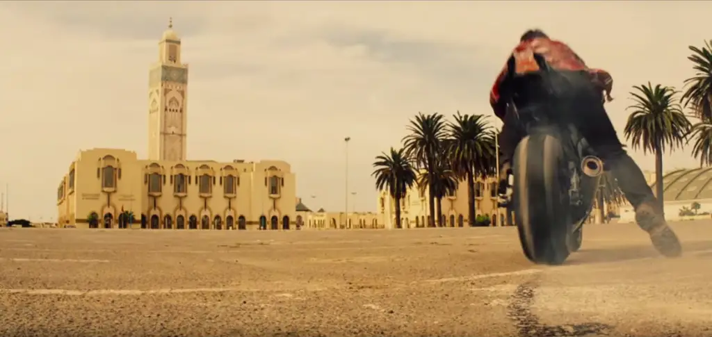 Motorcycle in front of the Hassan II Mosque, Casablanca, Morocco Mission Impossible Rogue Nation filming locations