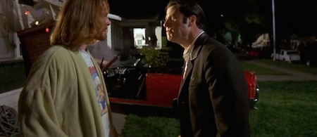 Vincent and Lance having a heated argument over Mia in front of Lance's house in Atwater Village. In the back you can see Vincent's car crashed in Lance's house - Pulp Fiction filming locations LegendaryTrips